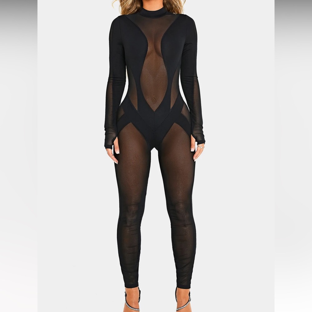 Mesh Splicing Long Sleeve Solid Jumpsuit